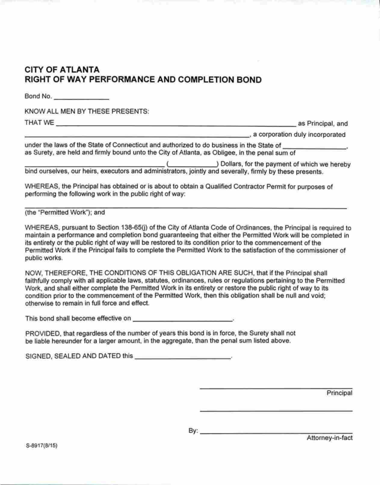 Georgia Right of Way Performance and Completion Bond Form