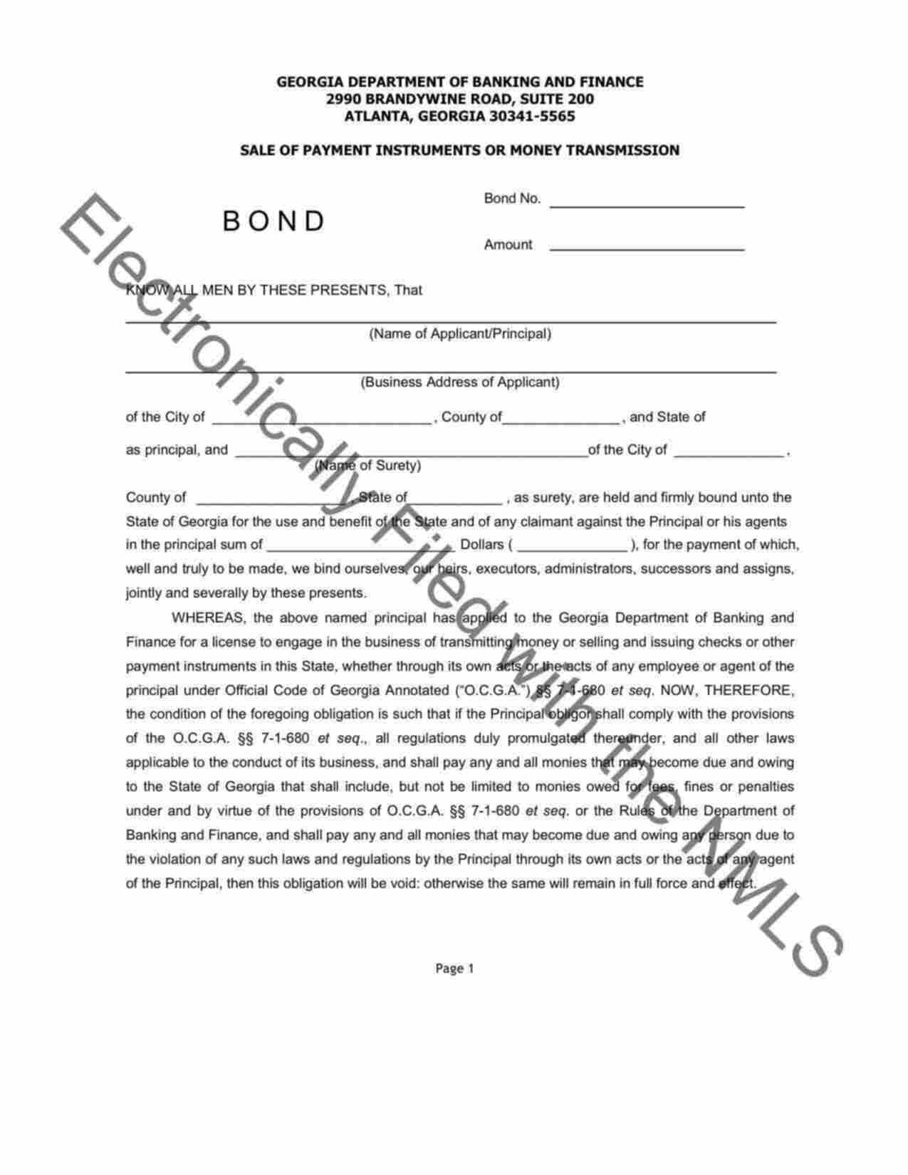 Georgia Seller of Payment Instruments and Money Transmitters Bond Form