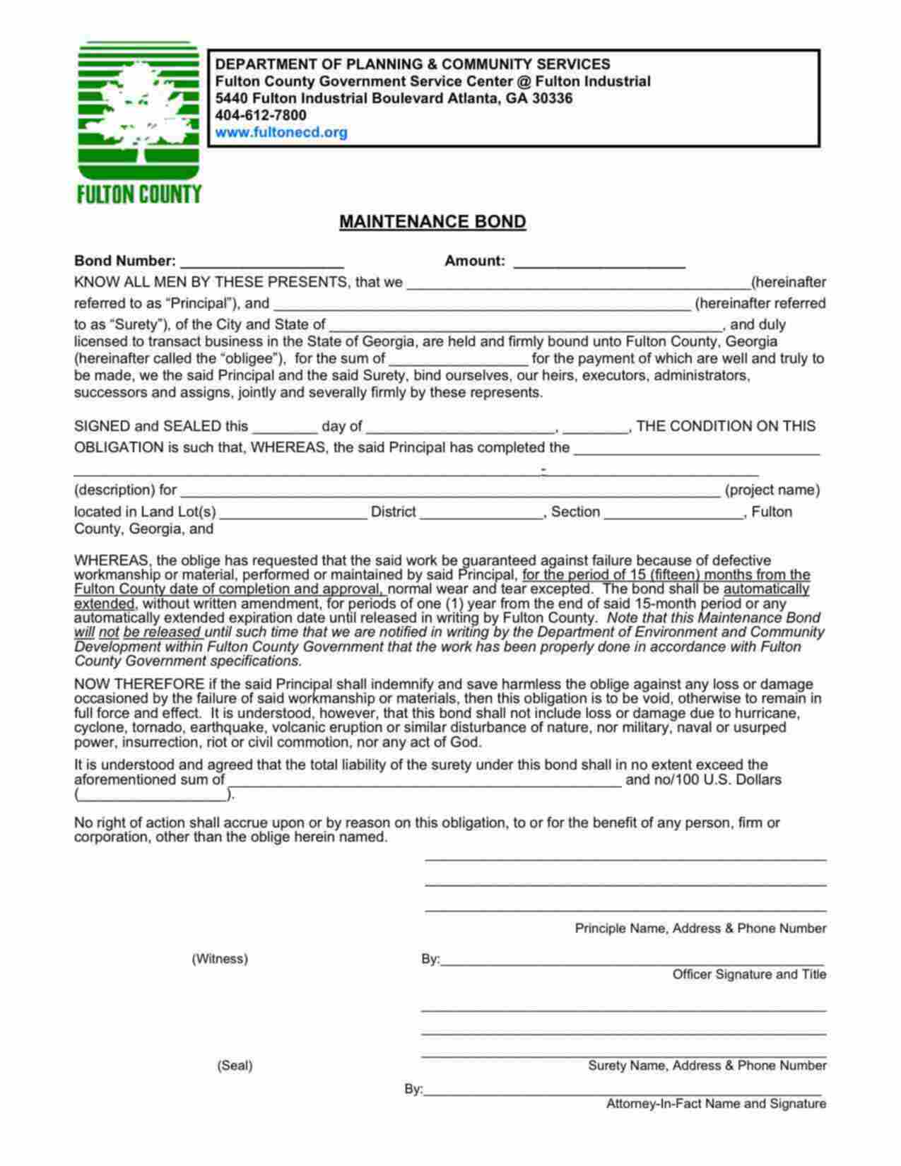 Georgia Maintenance Bond Form