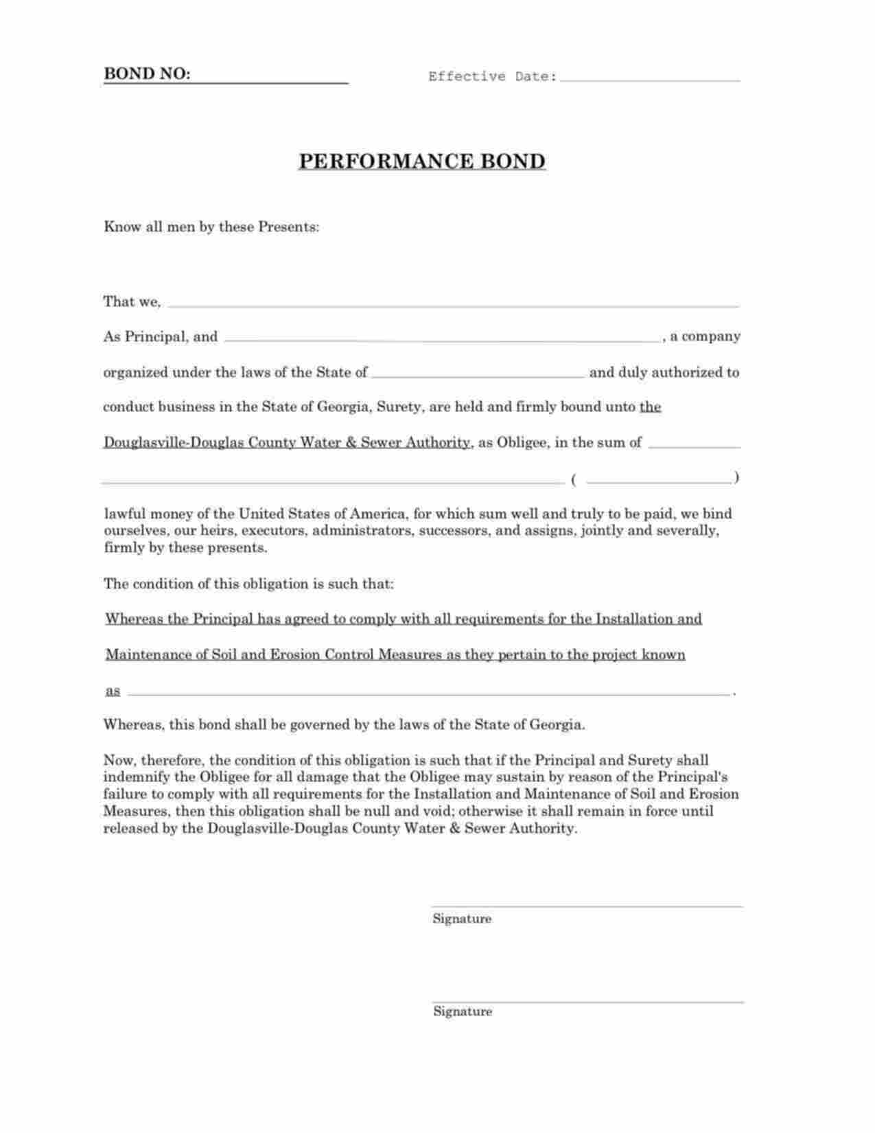 Georgia Soil and Erosion Control Measures Performance Bond Form