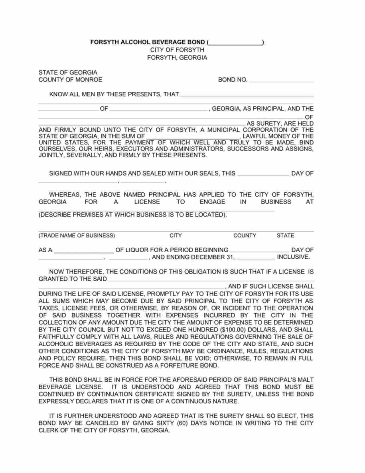 Georgia Alcohol Beverage (Liquor-Pouring) Bond Form