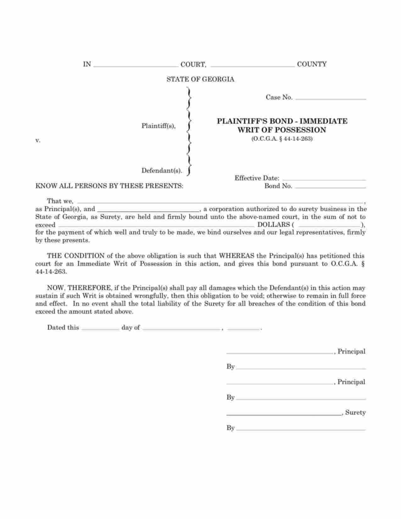 Georgia Plaintiffs Immediate Writ of Possession Bond Form