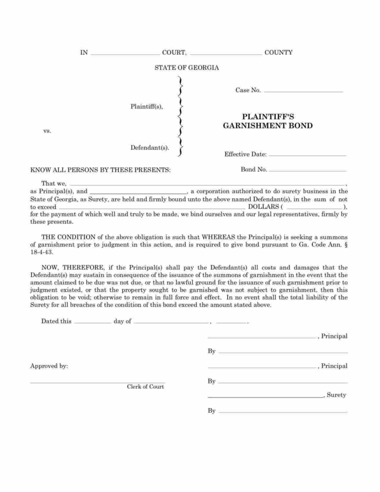 Georgia Plaintiffs Garnishment Bond Form