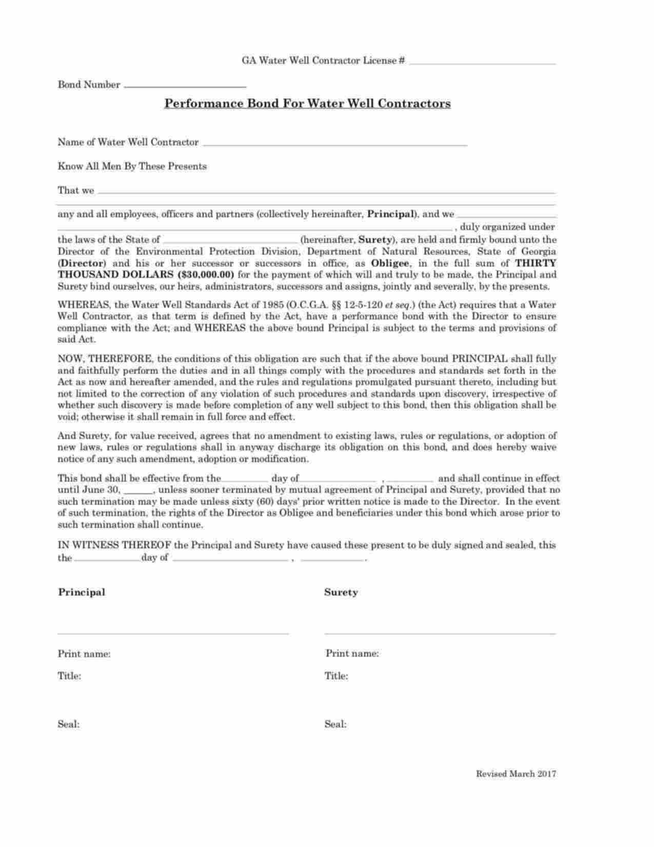 Georgia Water Well Contractors Performance Bond Form