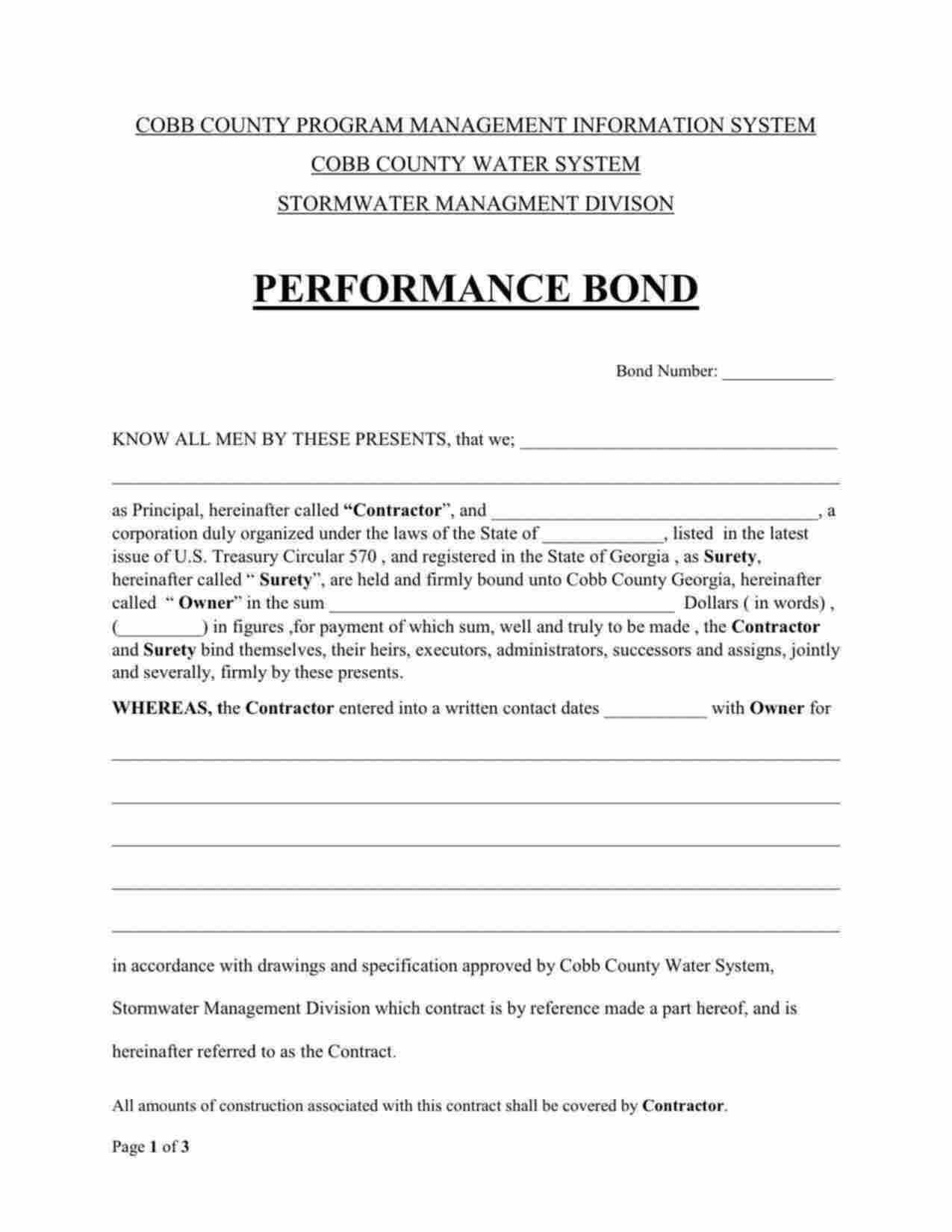 Georgia Stormwater Management Performance Bond Form