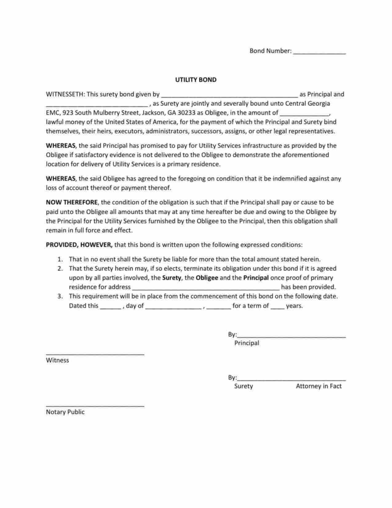 Georgia Utility Services Infrastructure Agreement Bond Form