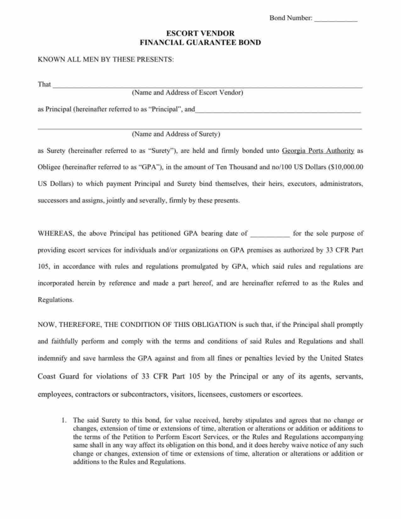 Georgia Escort Vendor Bond Form