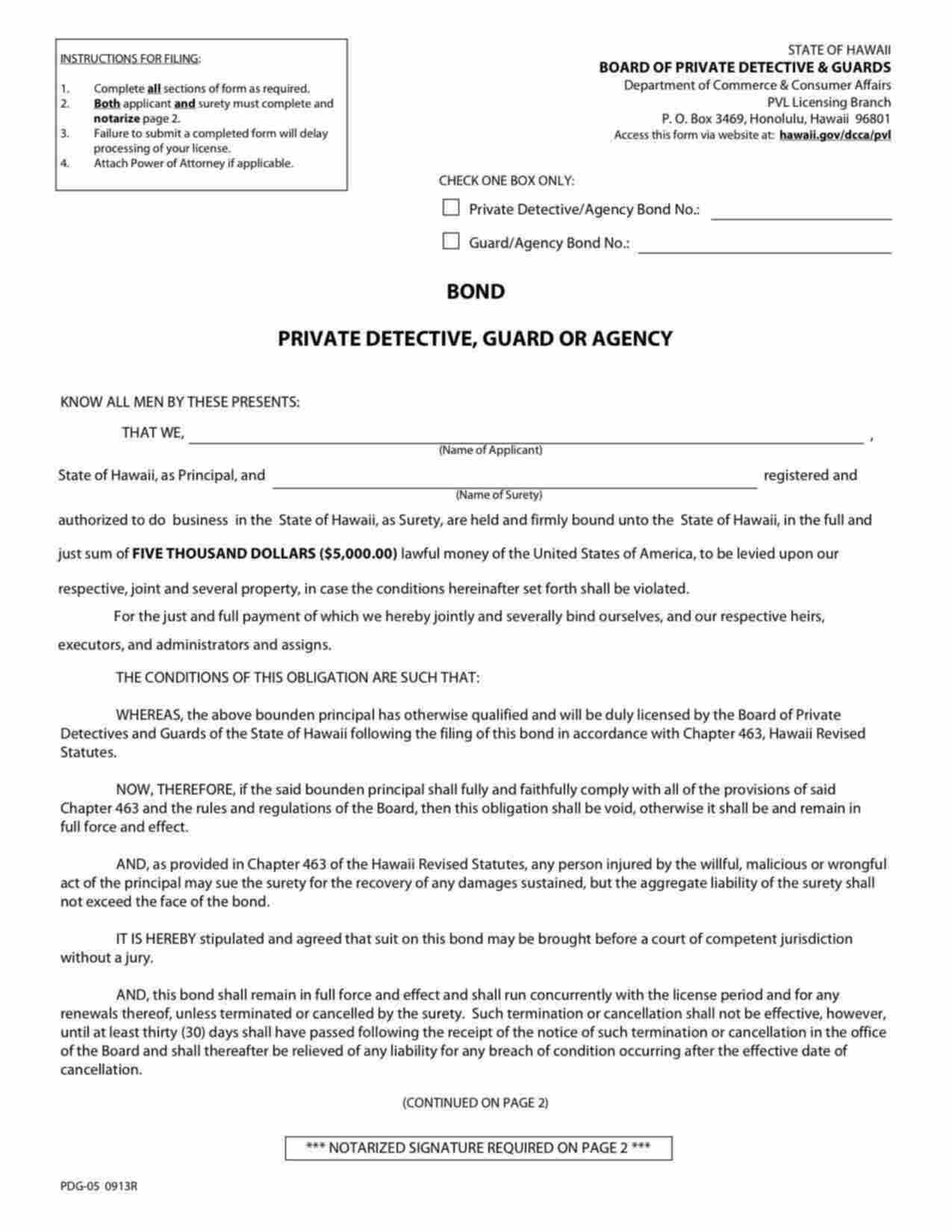 Hawaii Private Detective/Agency Bond Form