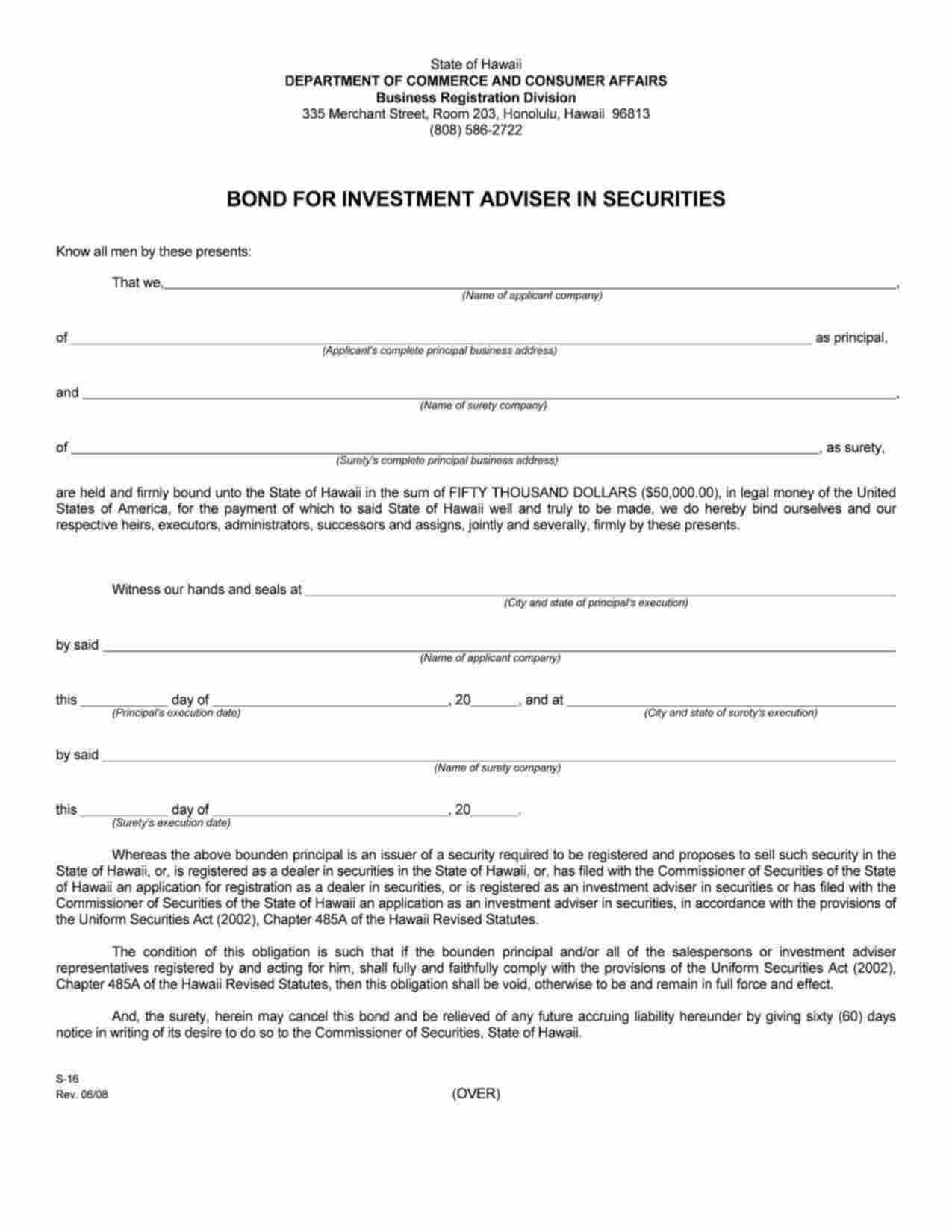 Hawaii Investment Adviser in Securities Bond Form