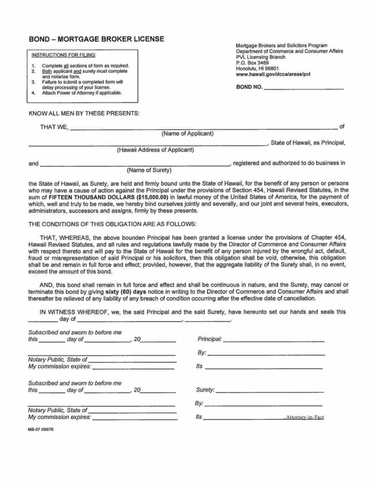 Hawaii Mortgage Broker License Bond Form