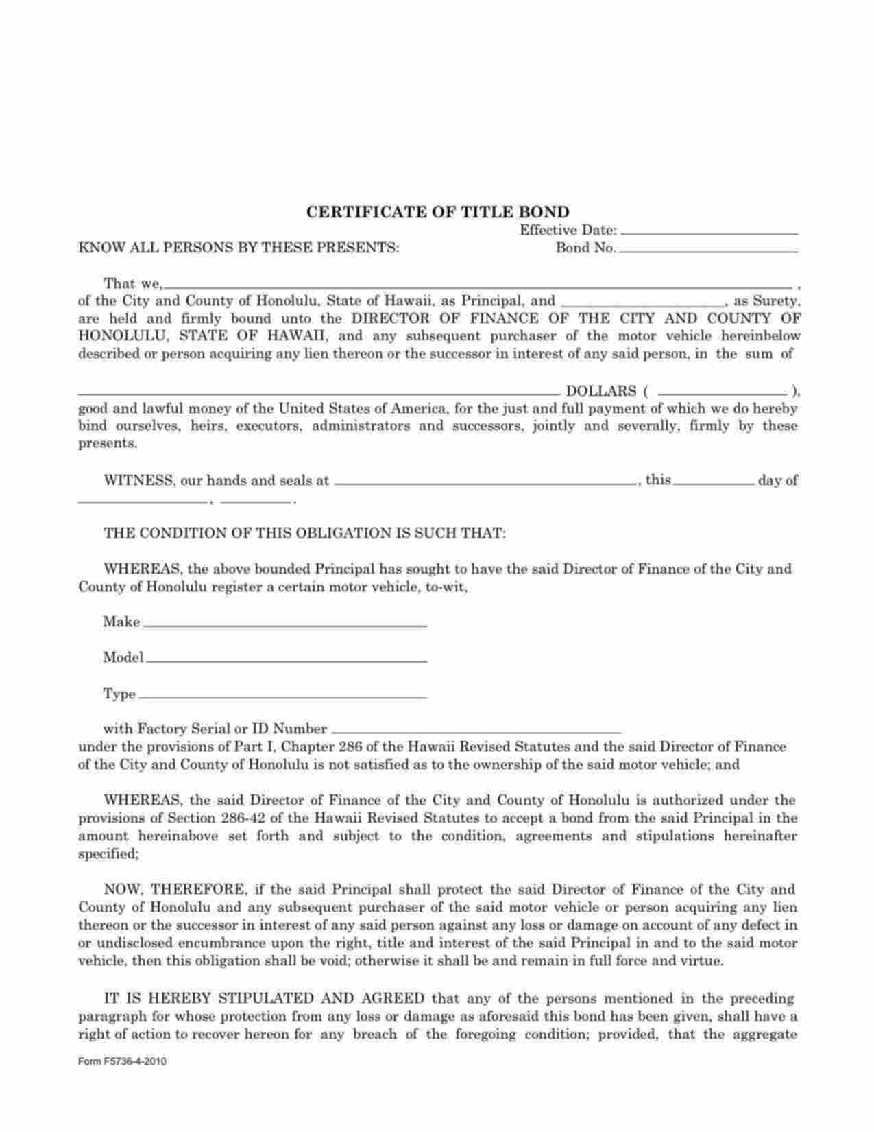 Hawaii Motor Vehicle Certificate of Title Bond Form