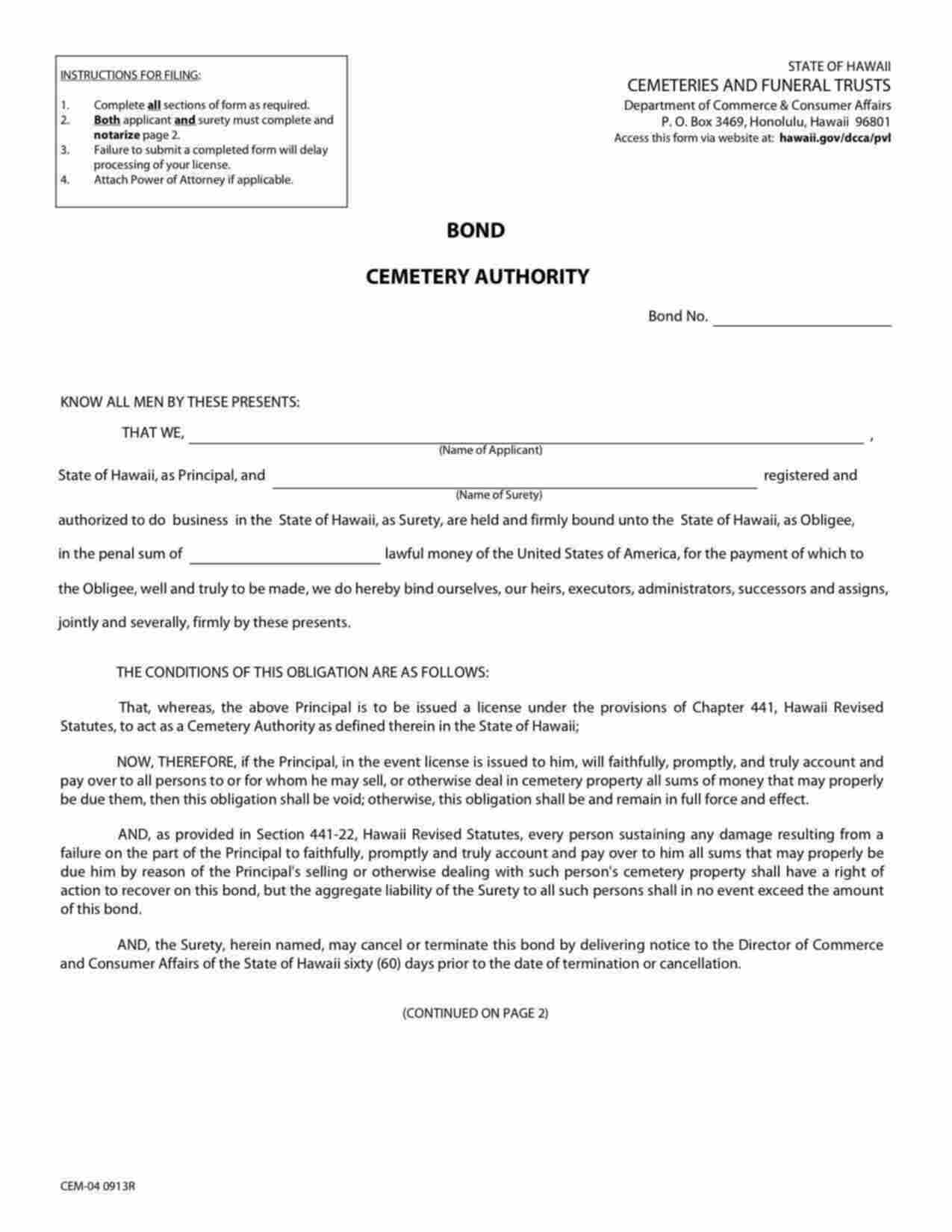 Hawaii Cemetery Authority Bond Form