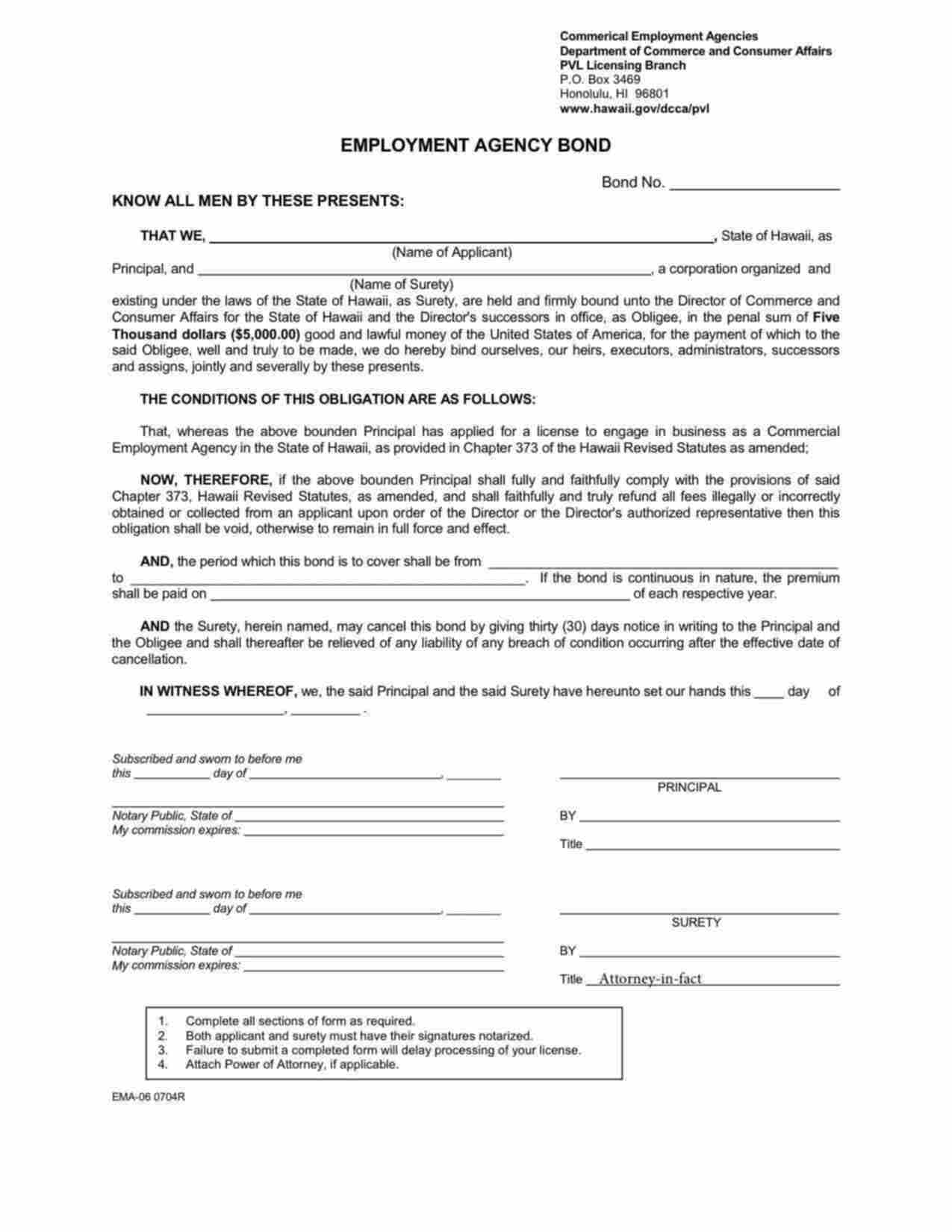 Hawaii Employment Agency Bond Form