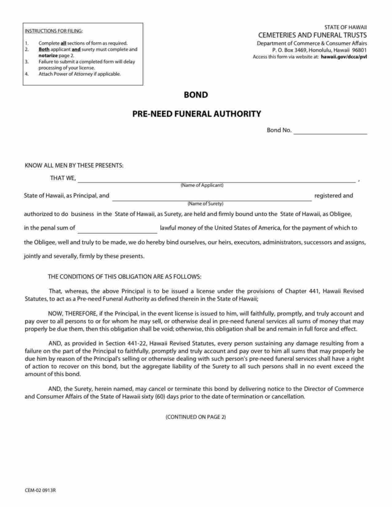 Hawaii Pre-Need Funeral Authority Bond Form