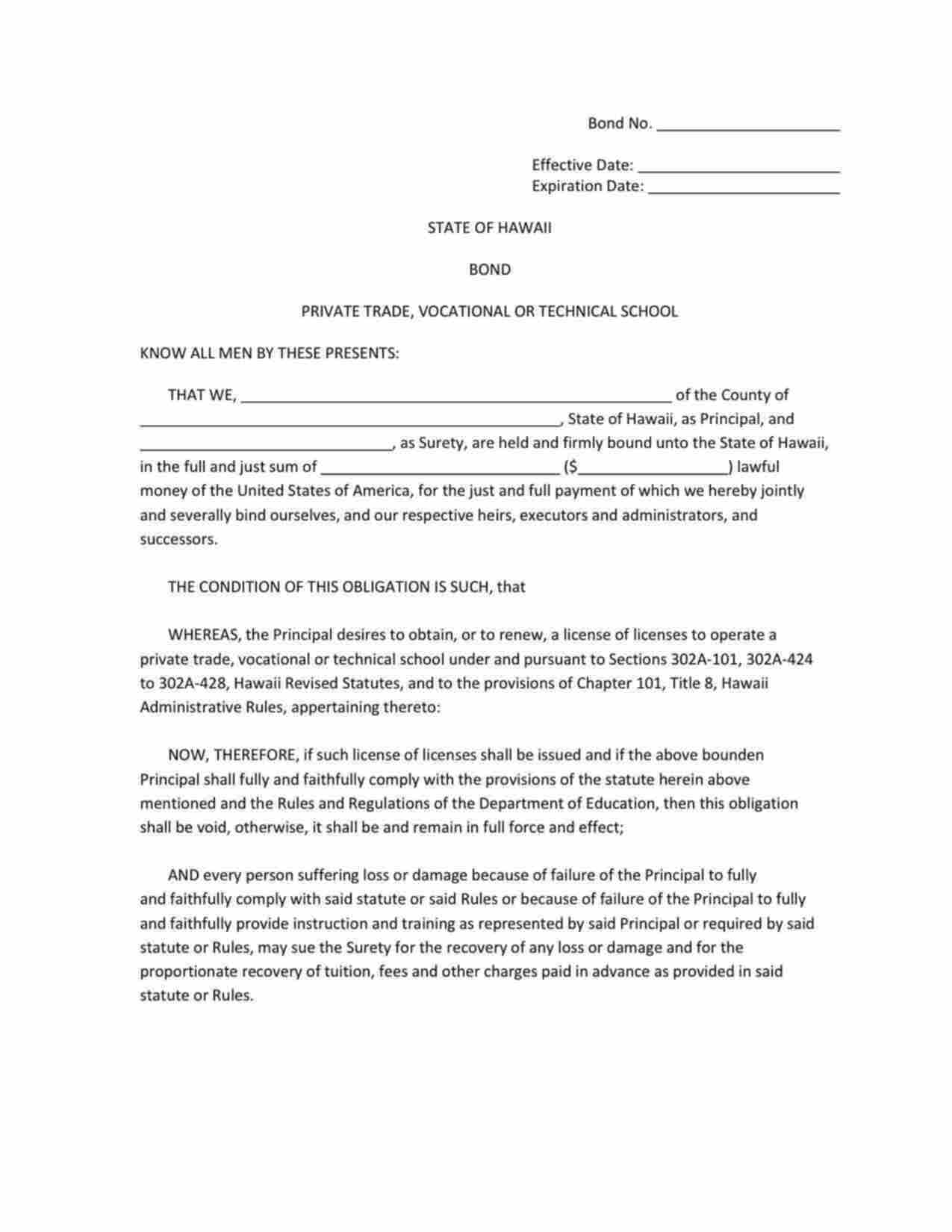 Hawaii Private Trade, Vocational or Technical School Bond Form