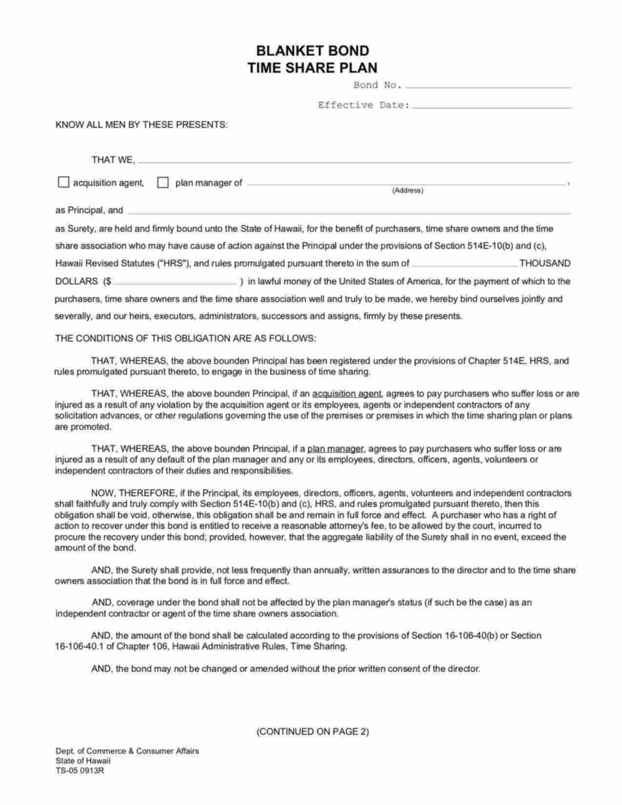 Hawaii Time Share Plan Manager Bond Form
