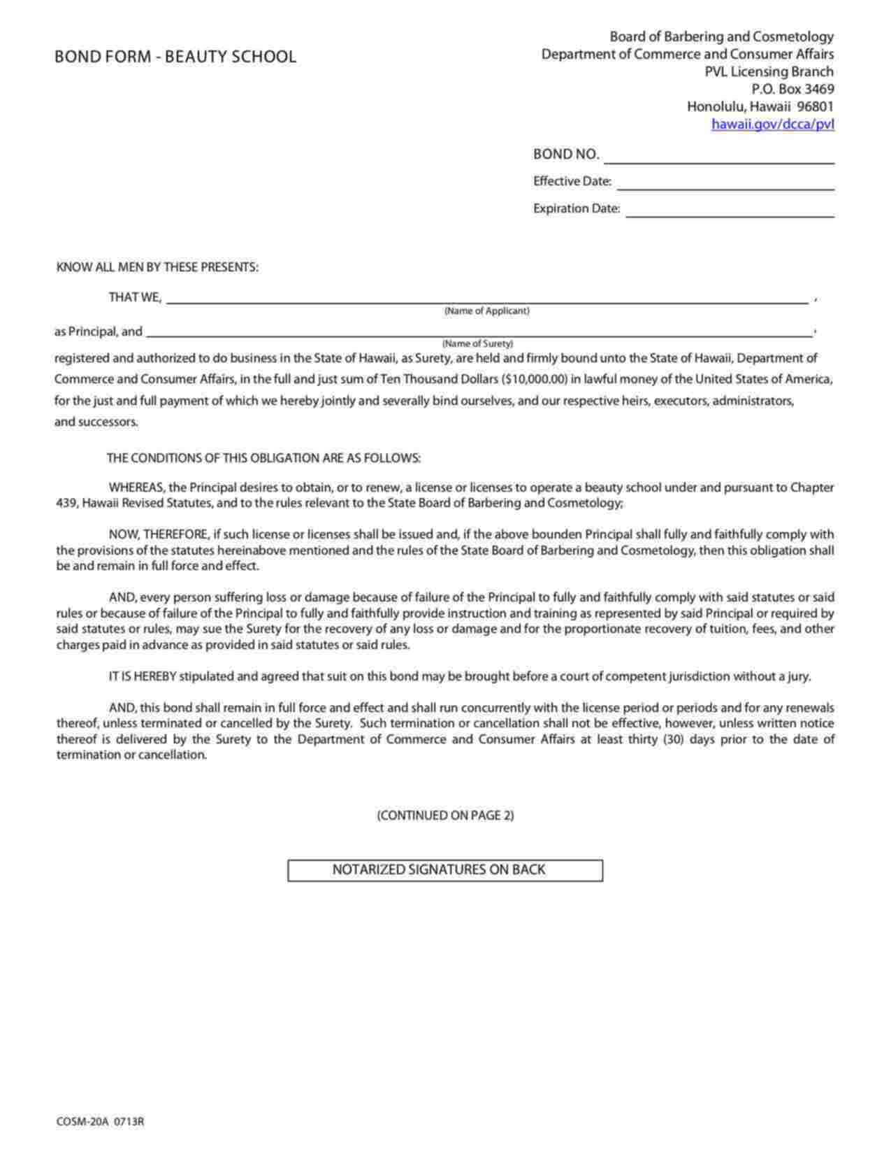 Hawaii Beauty School Bond Form