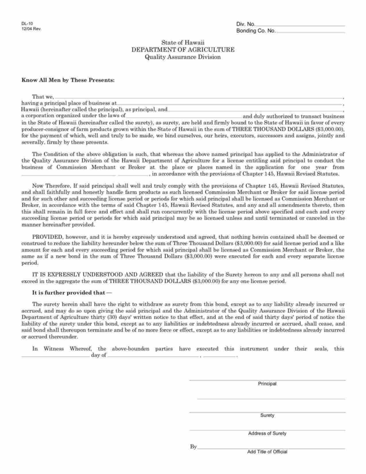 Hawaii Commission Merchant or Broker Bond Form