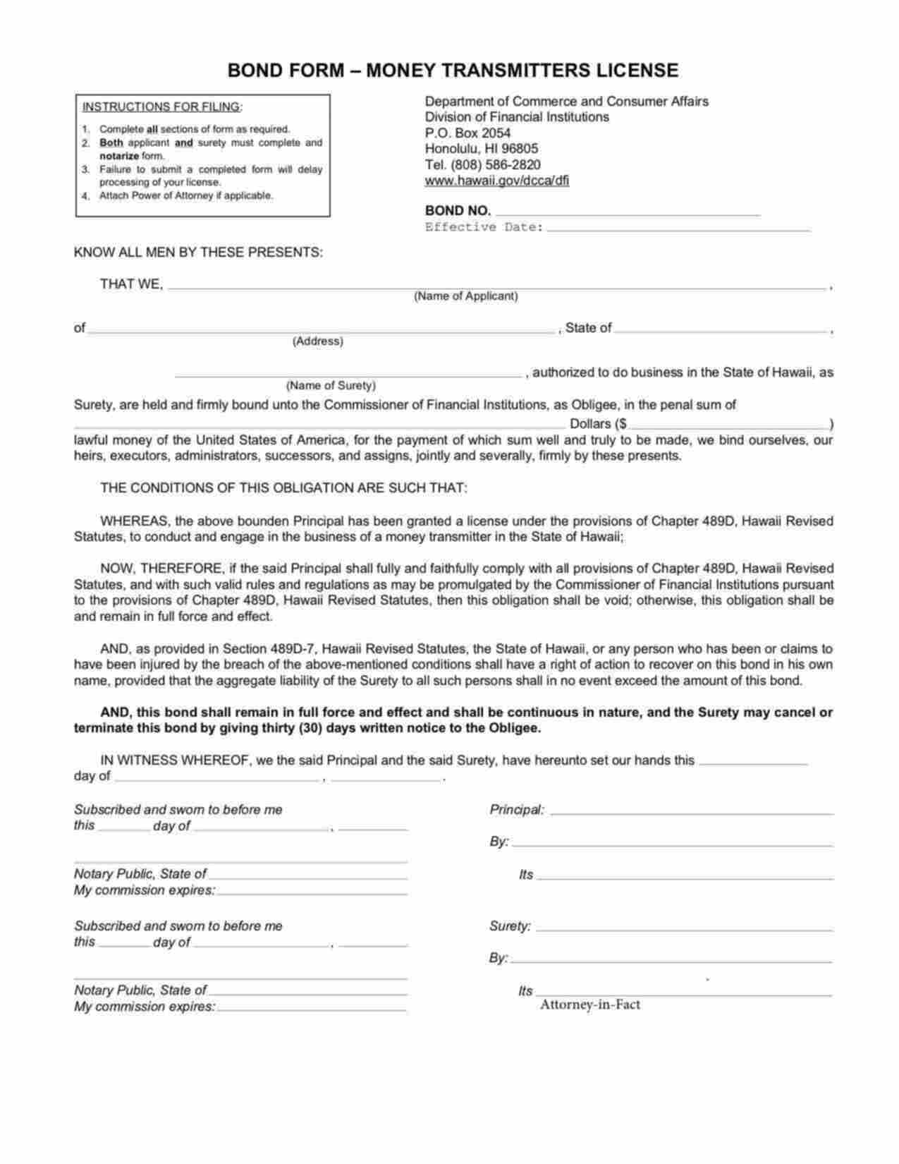 Hawaii Money Transmitters License Bond Form