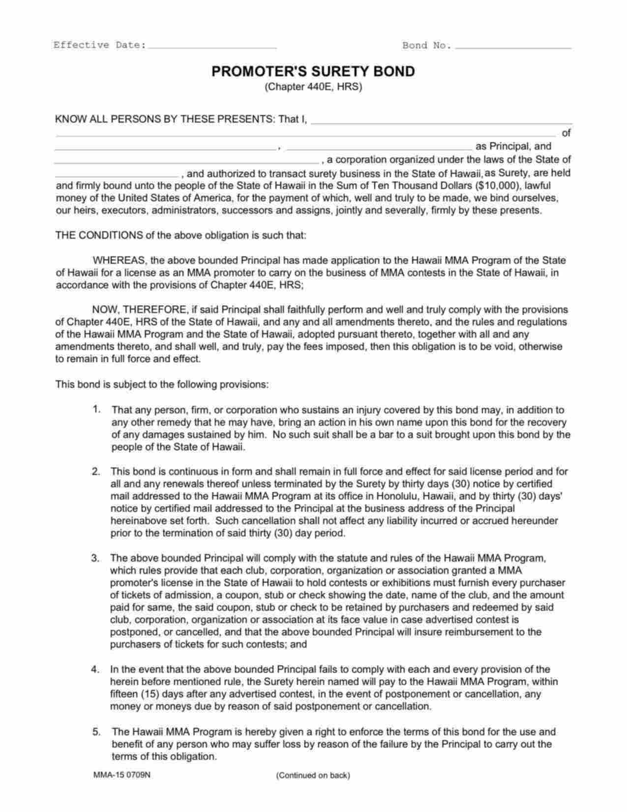 Hawaii Mixed Martial Arts Promoter (MMA) Bond Form