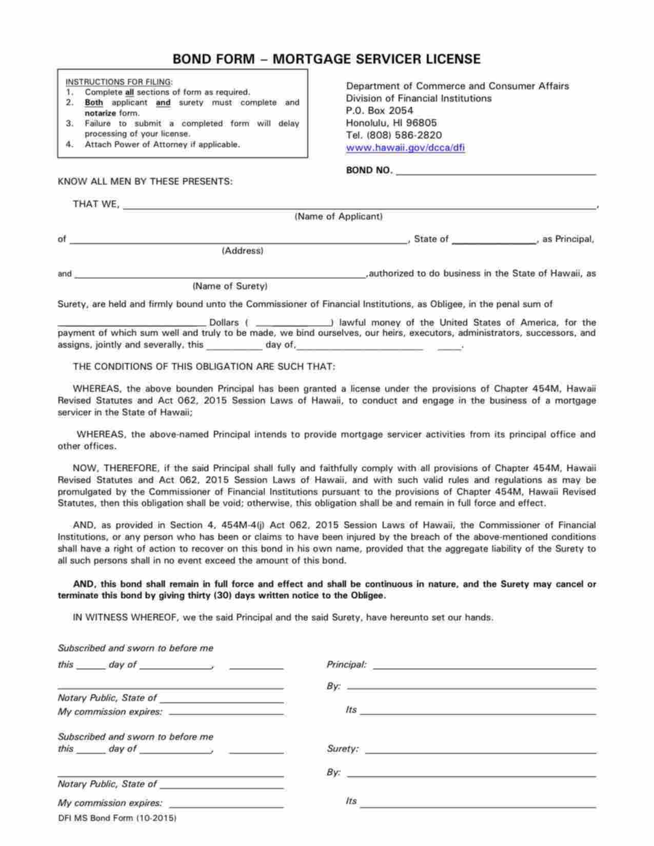 Hawaii Mortgage Servicer License Bond Form