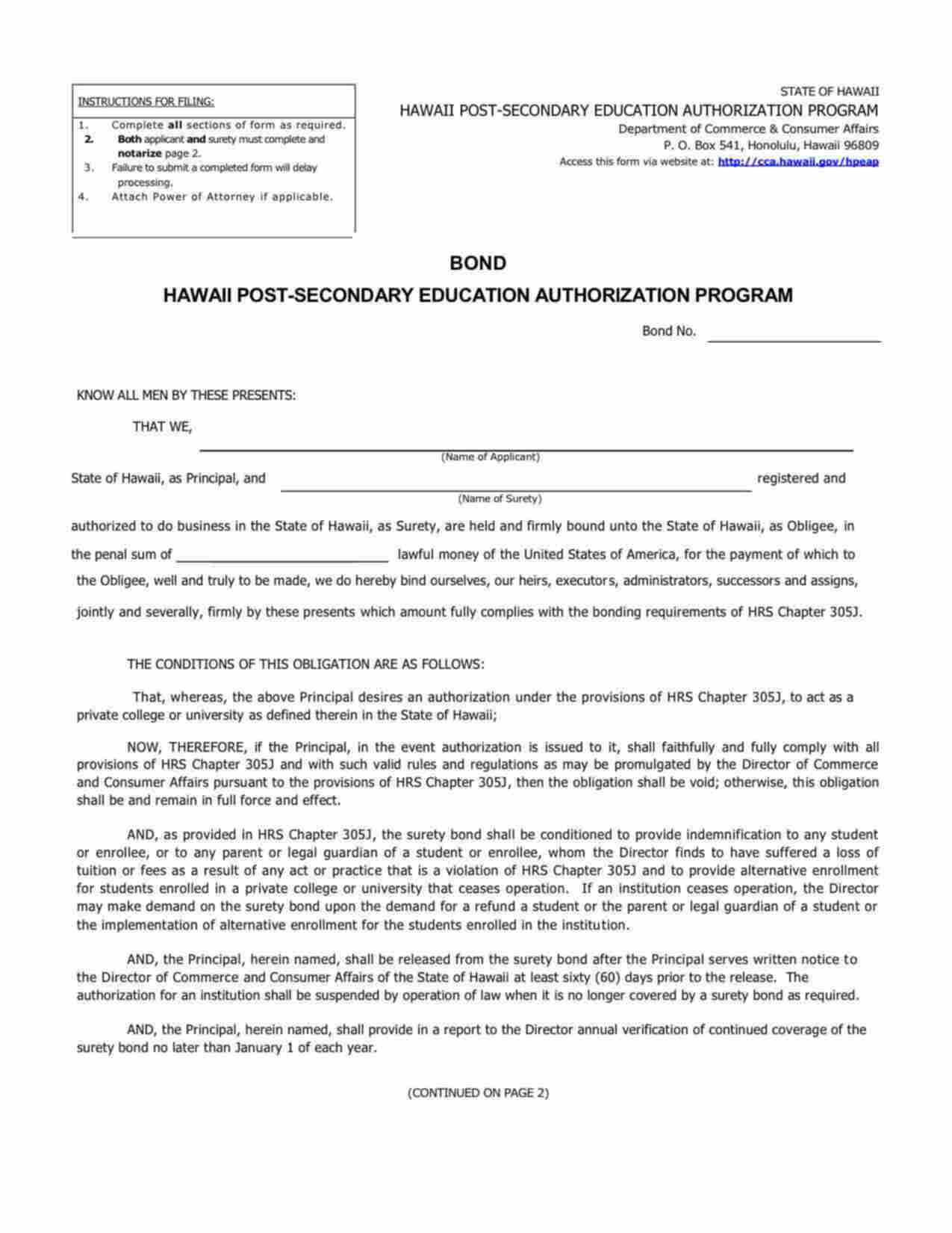 Hawaii Post-Secondary Education Authorization Program Bond Form