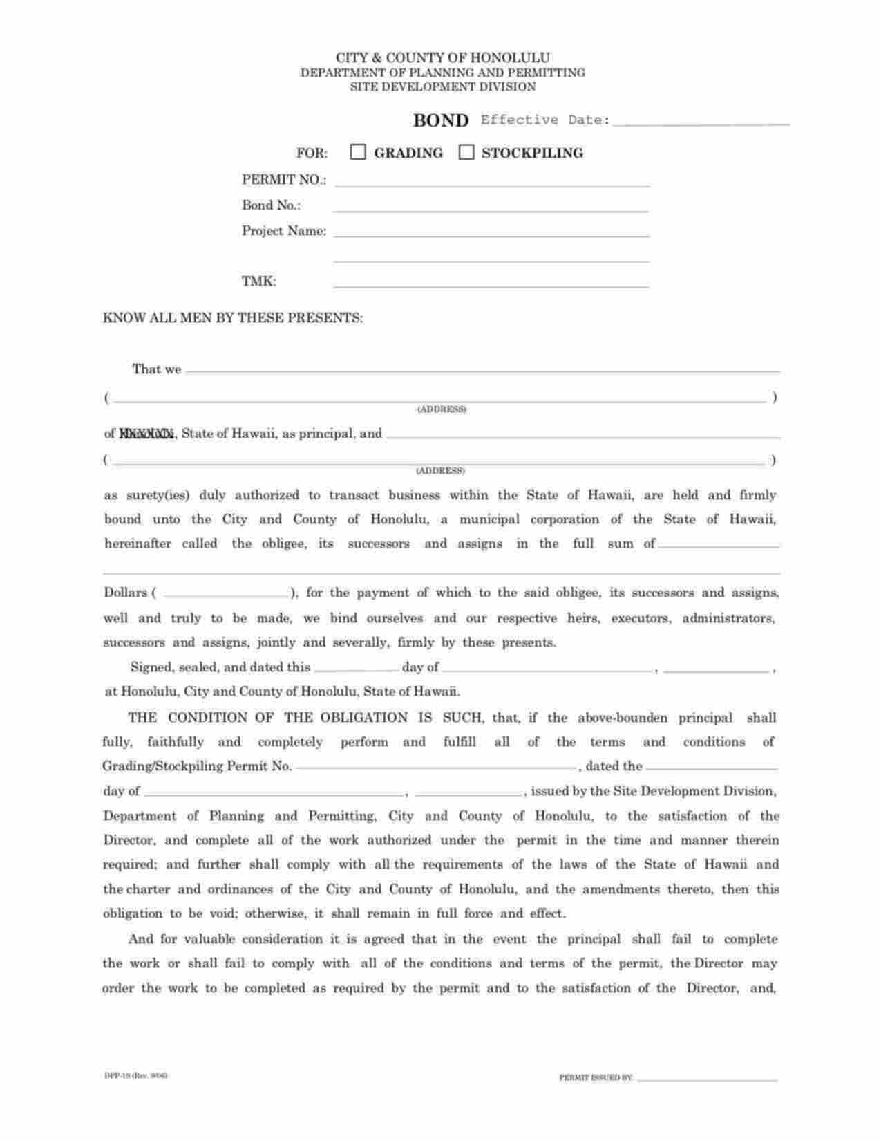 Hawaii Grading Permit Bond Form