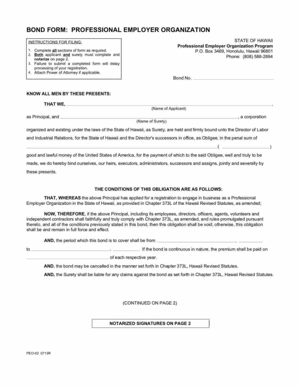 Hawaii Professional Employer Organization Bond Form