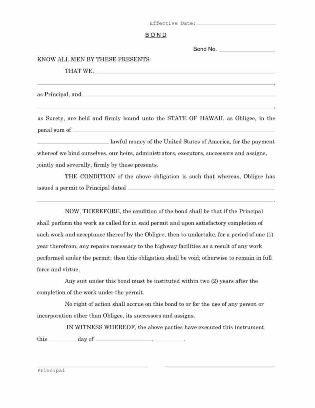 Hawaii Right of Way Permit Bond Form