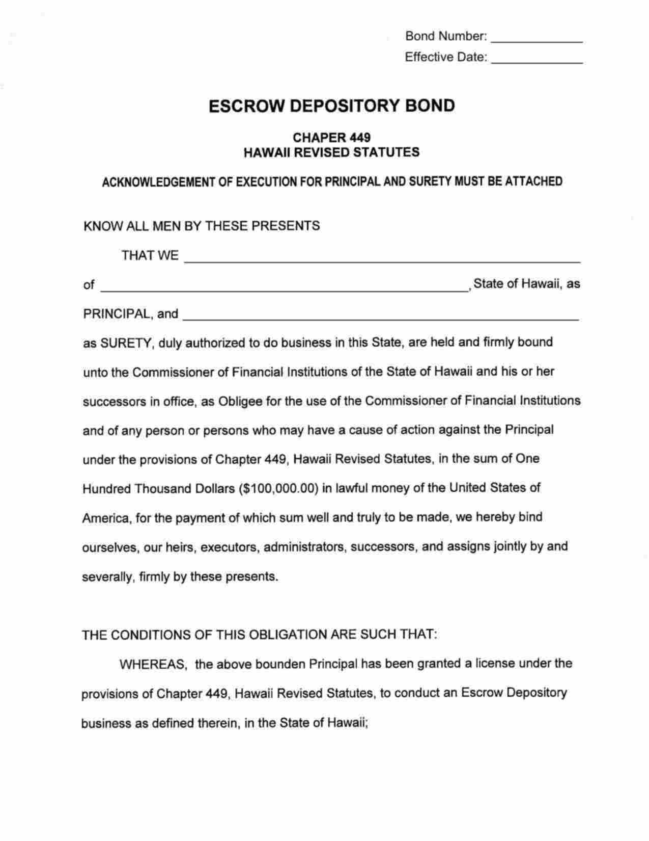 Hawaii Escrow Depository Business Bond Form