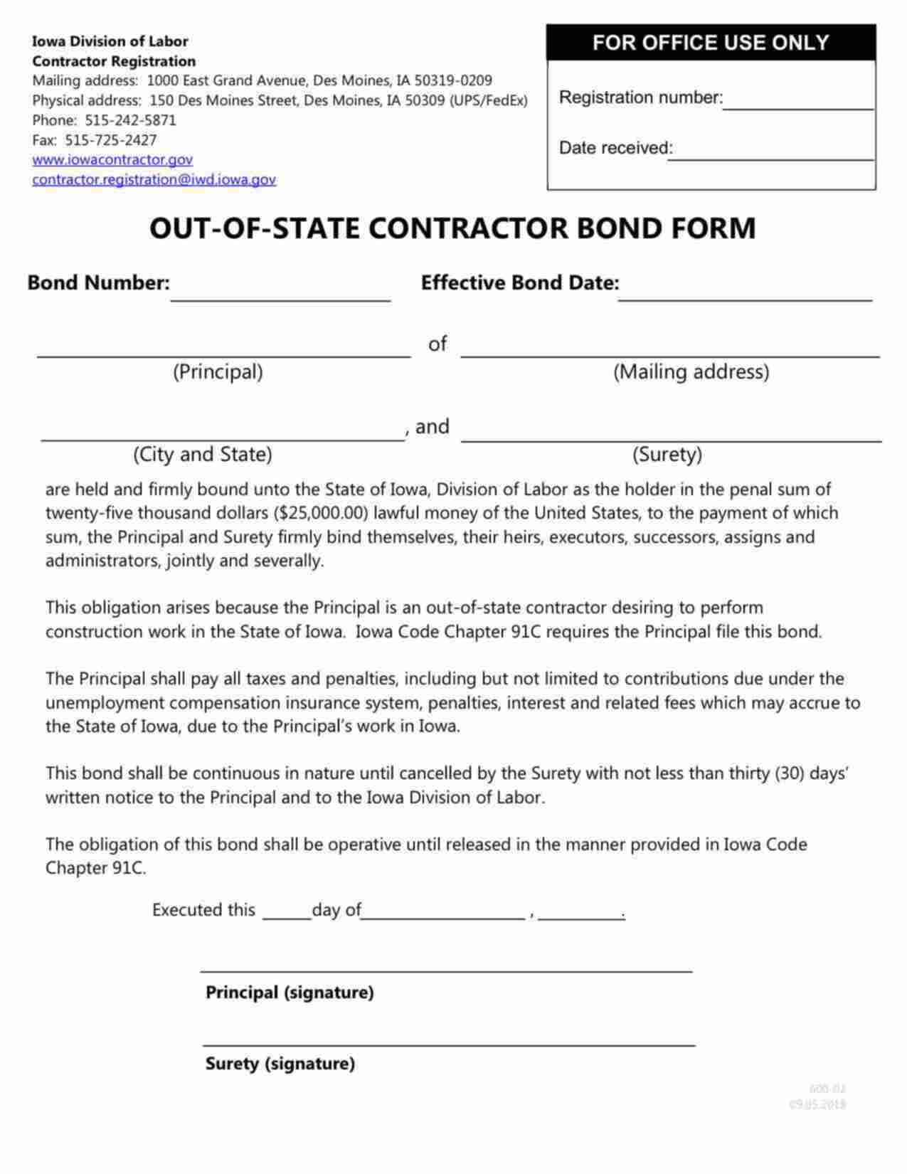 Iowa Out-of-State Contractor Bond Form