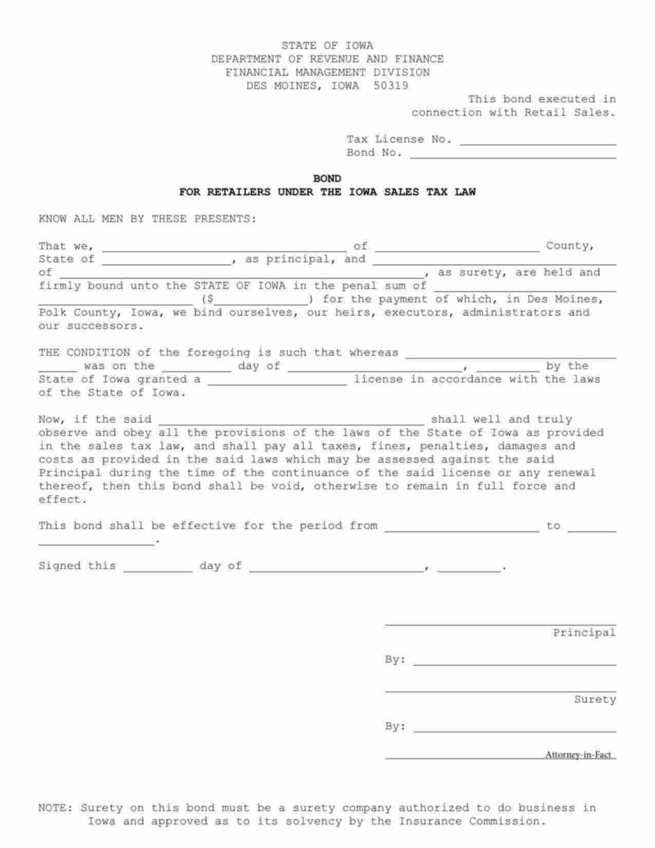 Iowa Retail Sales Tax Bond Form