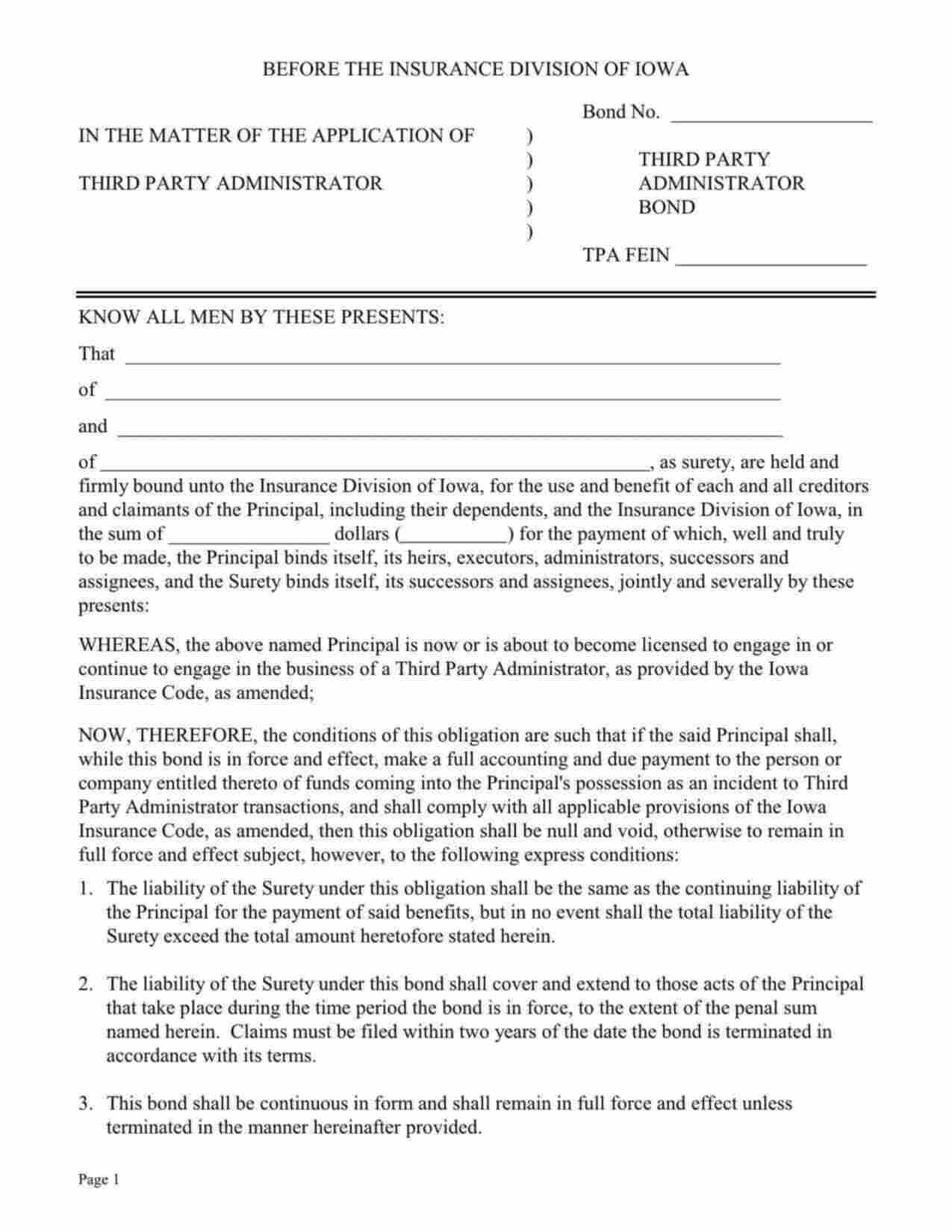 Iowa Third Party Administrator Bond Form