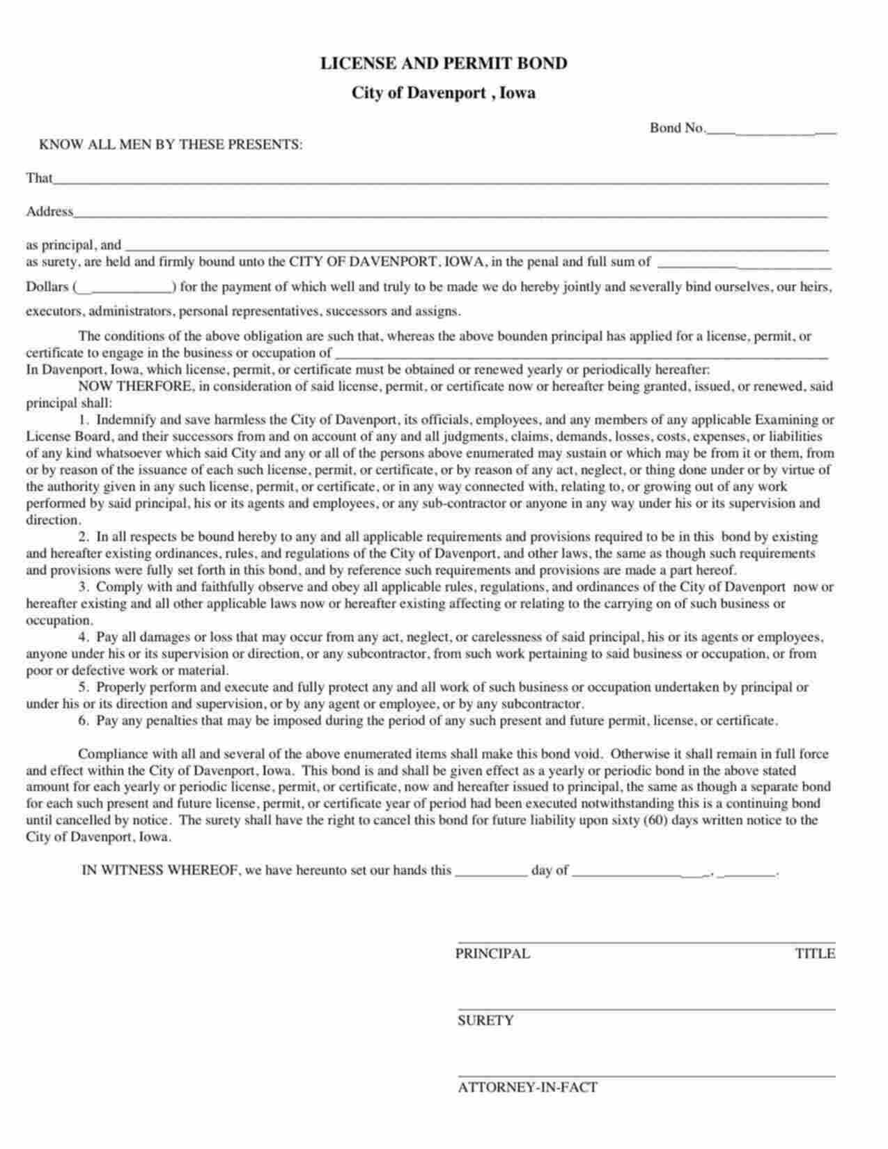 Iowa License and Permit Bond Form