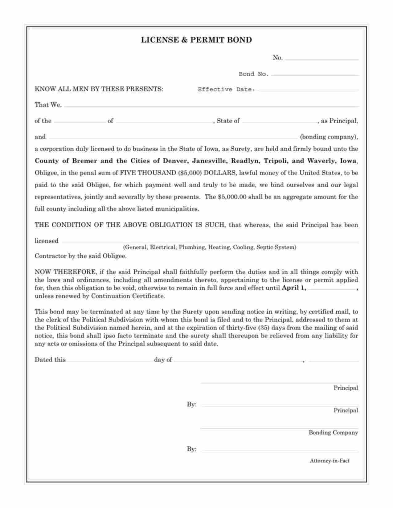 Iowa Plumbing Contractor Bond Form