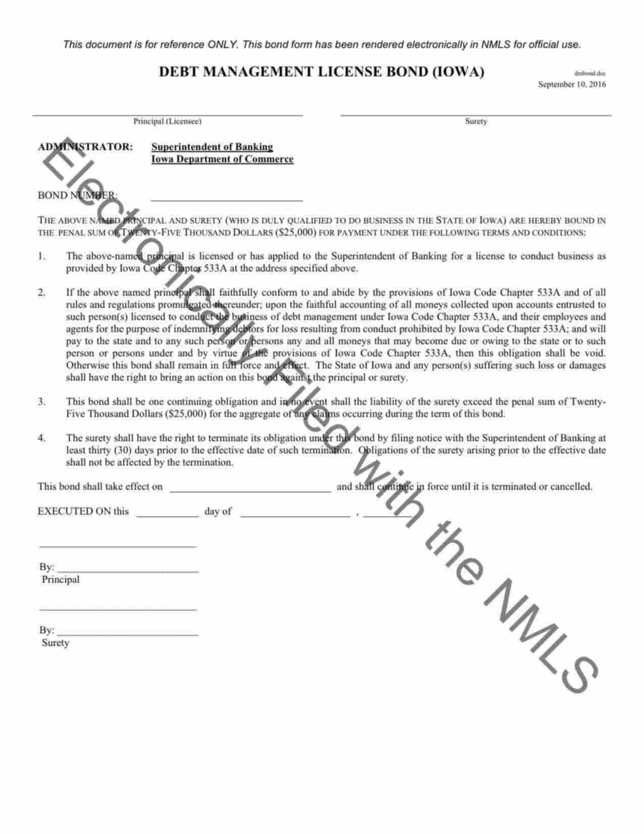 Iowa Debt Management License Bond Form