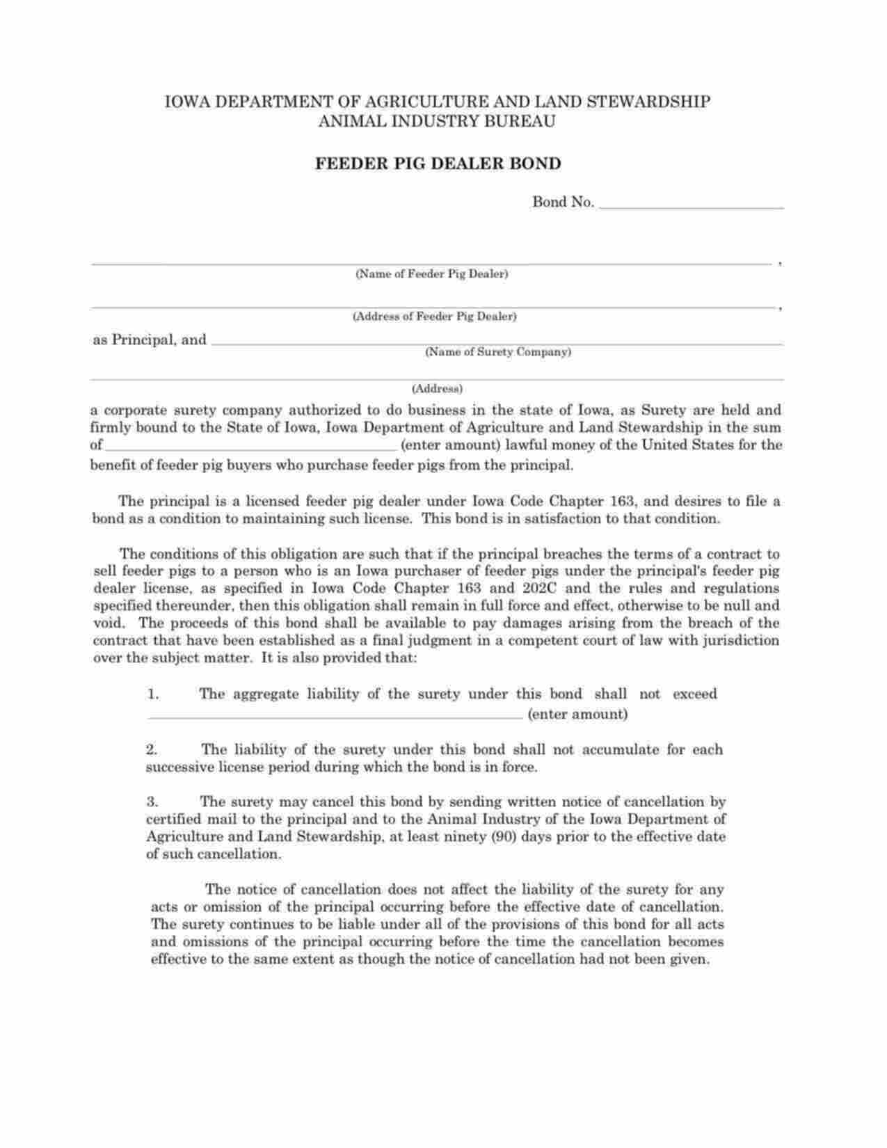 Iowa Feeder Pig Dealer Bond Form