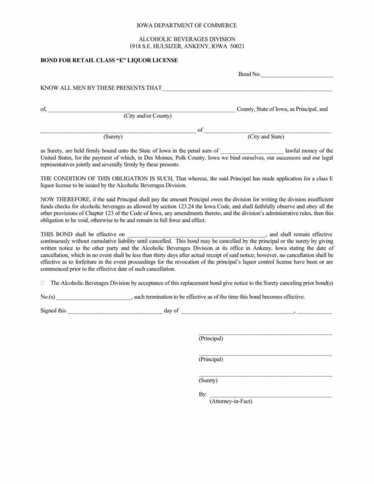 Iowa Retail Class E Liquor License Bond Form