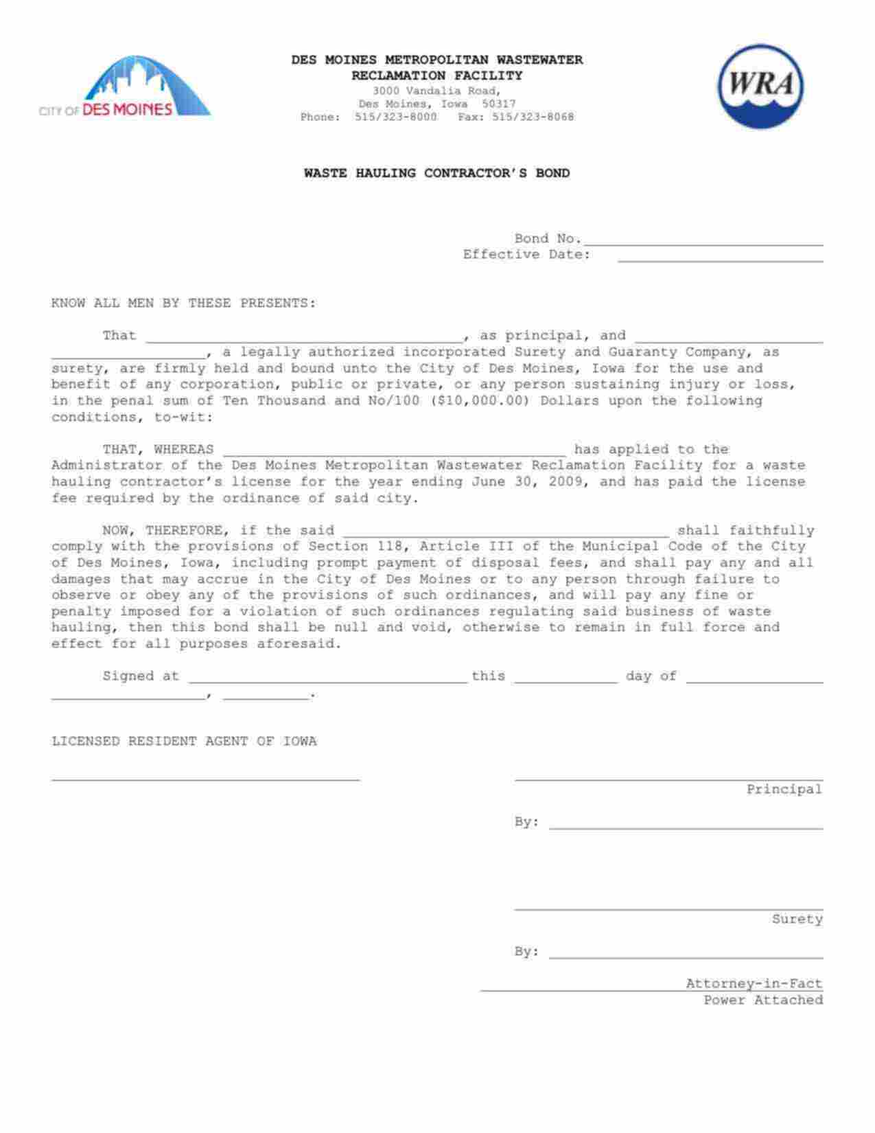 Iowa Waste Hauling Contractor Bond Form