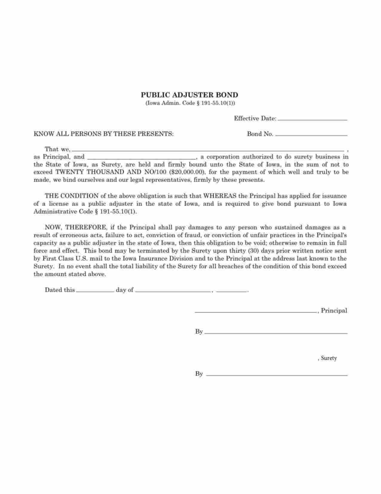 Iowa Public Adjuster Bond Form