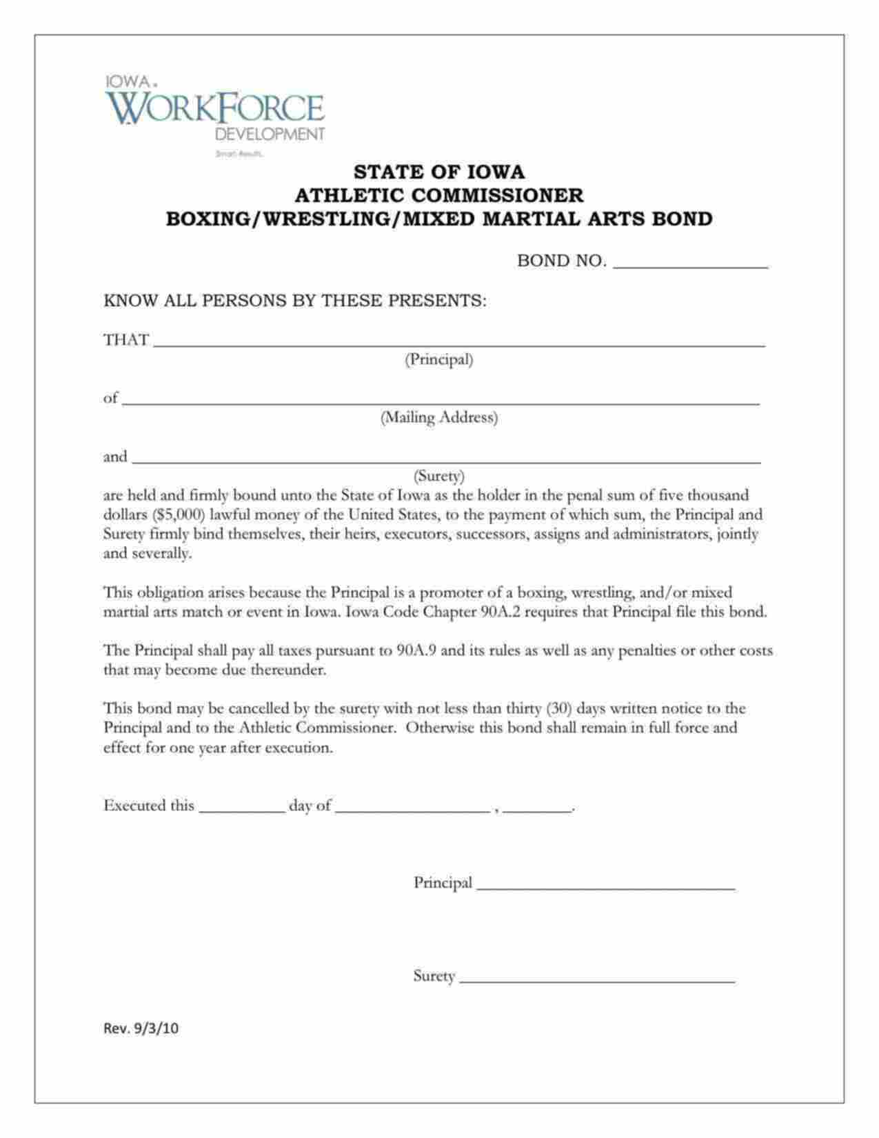 Iowa Boxing/Wrestling/Mixed Martial Arts Event Bond Form