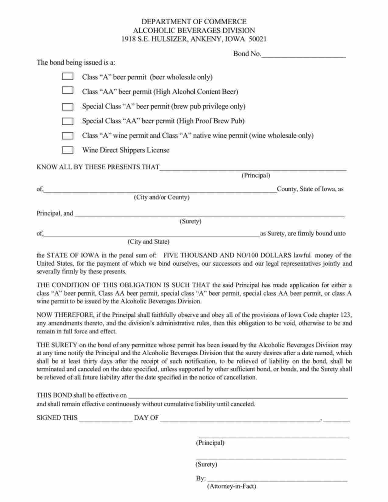 Iowa Class A Beer Permit (Beer Wholesale Only) Bond Form