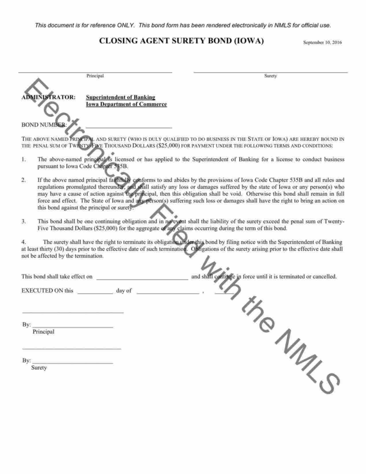 Iowa Closing Agent Bond Form