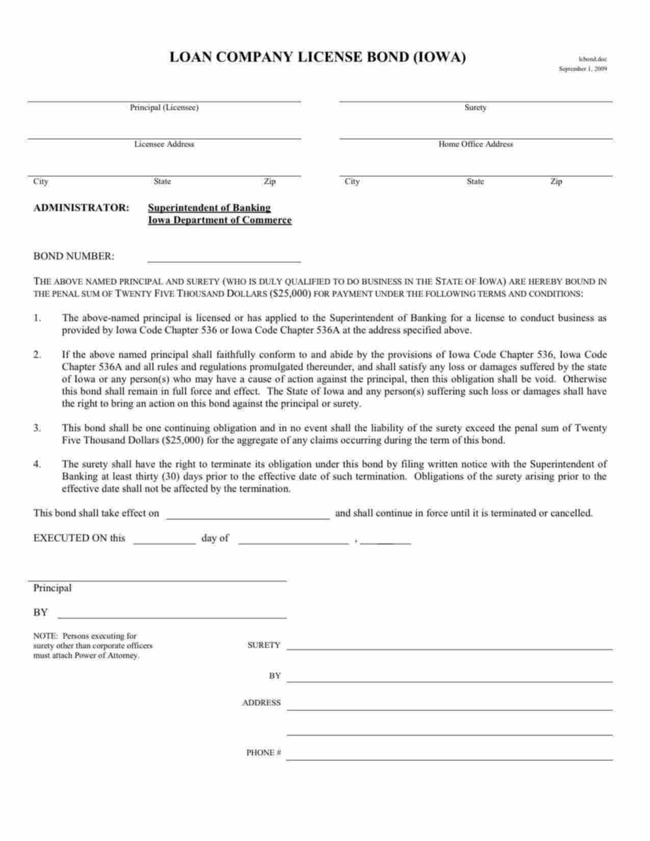 Iowa Loan Company License Bond Form