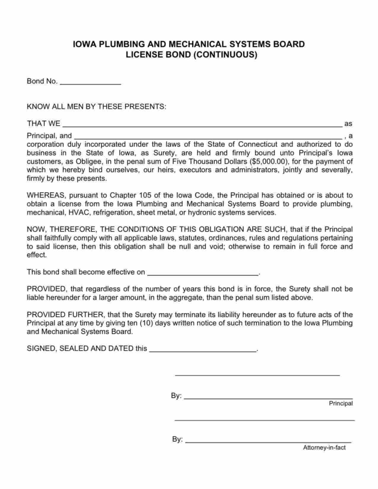 Iowa Plumber and Mechanical Contractor Bond Form