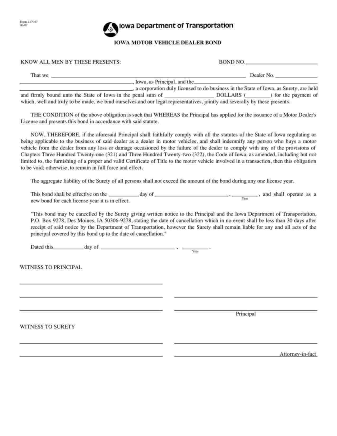 Iowa Motor Vehicle Dealer Bond Form