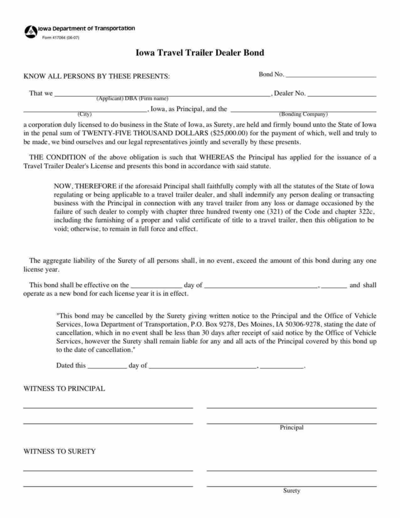 Iowa Travel Trailer Dealer Bond Form