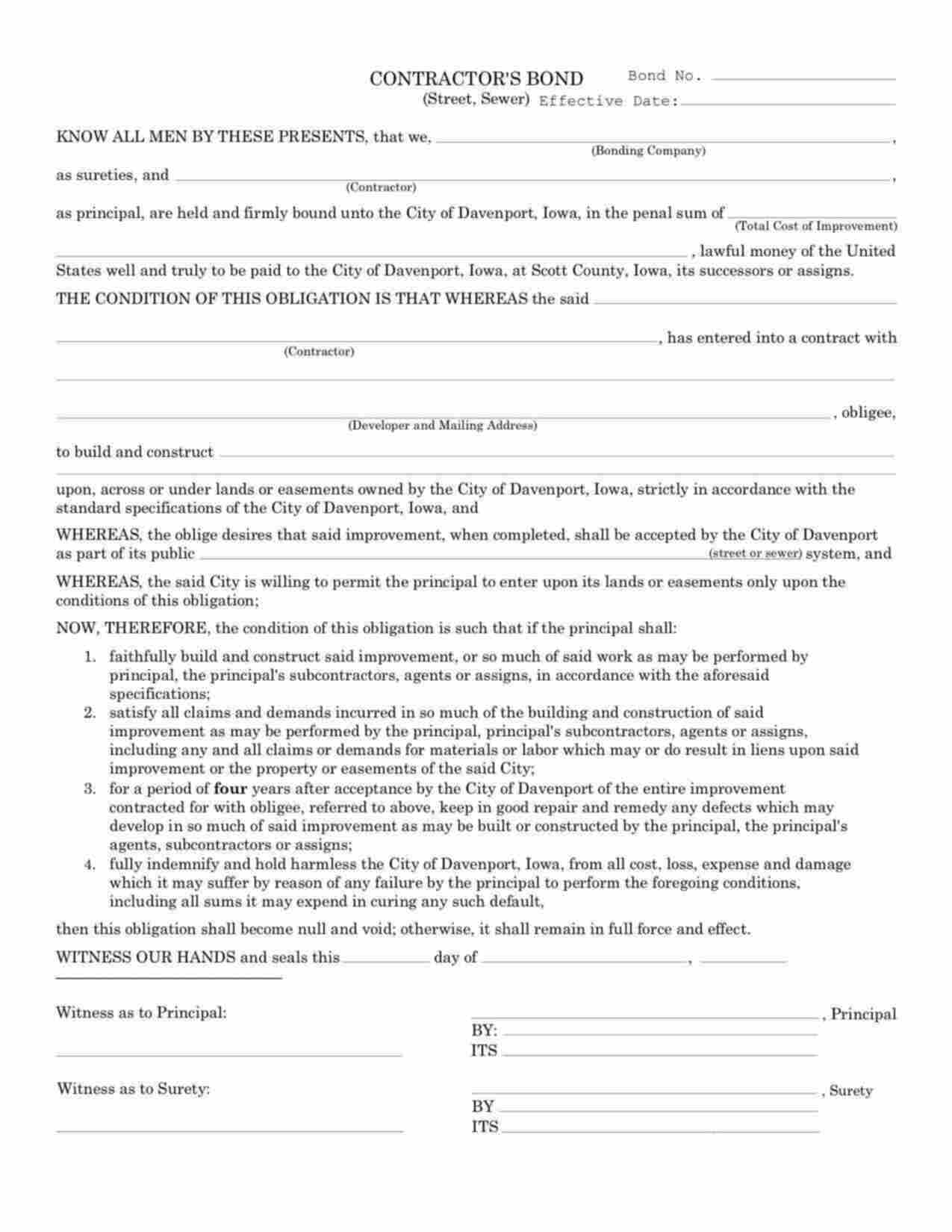 Iowa Contractor's (Street, Sewer) Bond Form