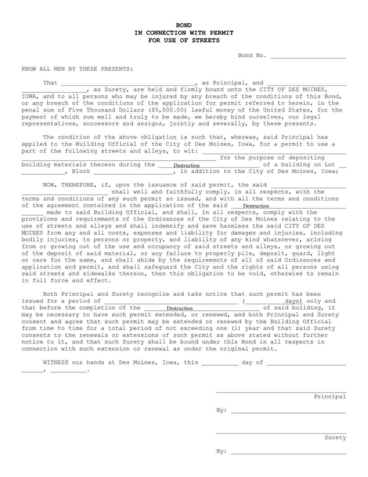 Iowa Use of Street - Destruction/Demolition Bond Form