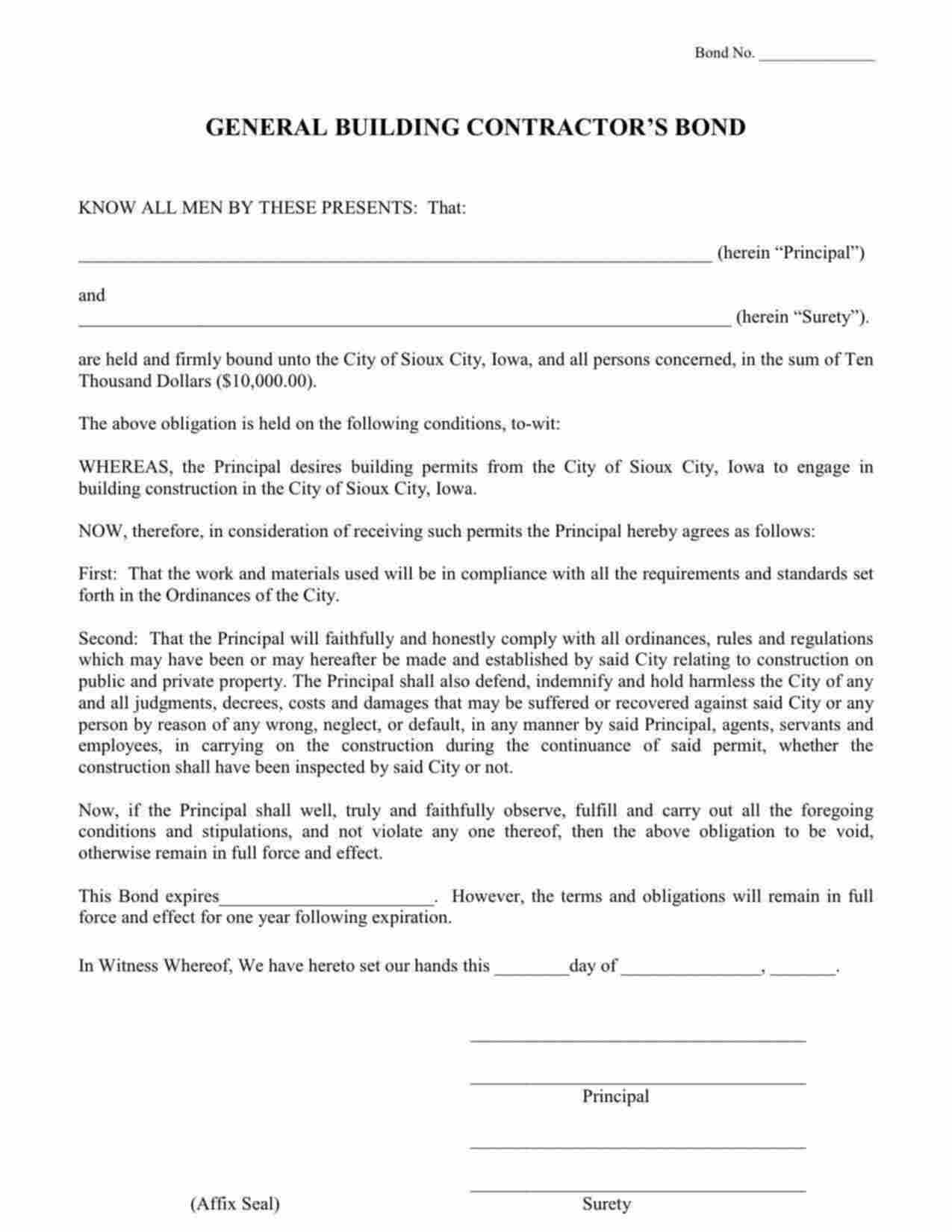 Iowa General Building Contractor Bond Form